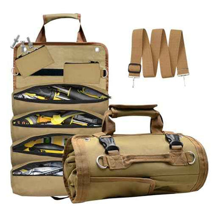 Roll Up Tool Bag, Heavy Duty Tool Roll Bag, Tool Roll Organizer with 2 Detachable Pouches, 900D Waterproof Oxford Cloth, Gifts for Dad, Men/Women, Mechanic, Electricians, Repairman, Khaki