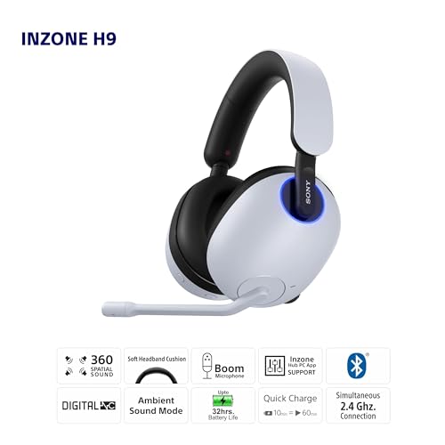 Sony INZONE H9 Gaming Headset, Wireless Noise Canceling Bluetooth Headset With Microphone, 360 Spatial Sound, For PC and PS5 (WH-G900N), White