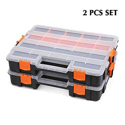 EMENTOL 2PCS Toolbox Organizer Sets, 20 Removable Dividers, Durable Plastic Box, Excellent for Screws, Nuts, Small Parts, 34-Compartment, Black/Orange, 2 Pieces Set
