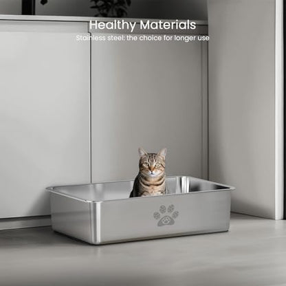 PWTAA Stainless Steel Cat Litter Box High Side Cats Toilet Metal Kitten Litter Pan, Pet Cleaning Tool for Big and Small Cats, Rabbits, Splash-Proof and Non-Stick Cat Poop Box odorless 23.6"x15.7"x5.9"