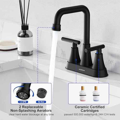 Matte Black Bathroom Sink Faucet, Hurran 4 inch Bathroom Faucets for Sink 3 Hole with Pop-up Drain and Supply Hoses, 360 Swivel Spout Centerset Faucet for Vanity RV Farmhouse, 2 Pack