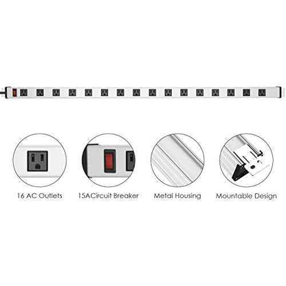 JUNNUJ Long Metal 16 Outlet Power Strip, Wide Spaced Garage Industrial Heavy Duty Power Strip with 15 FT Cord 15A, 125V, 1875W-Silver