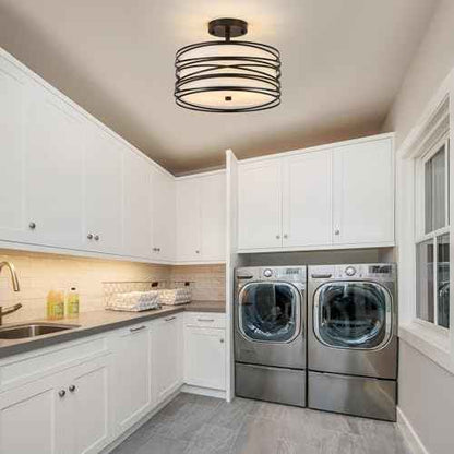 Drum Semi Flush Mount Ceiling Light Fixture Vintage Modern Farmhouse 2-Lights Linen Drum Ceiling Lighting Rustic Black Ceiling lamp for Dining Room, Bedroom, Kitchen, Laundry Room