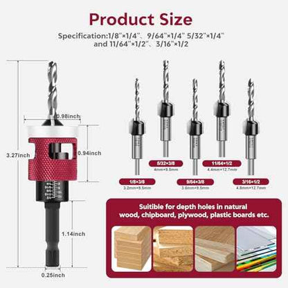 Countersink Drill Bit Set - 5 Pcs Countersink Drill Bit with Low Friction Depth Stop, Replaceable HSS M2 Tapered Bits, Carbide Drill Bits 1/4¡± Hex Shank for Woodworking Tools & Hand Tools