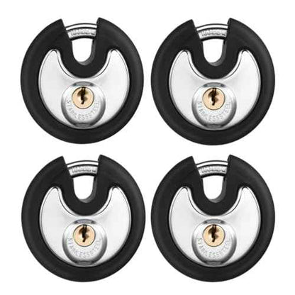 Chumia 4 Pack 70 mm Keyed Alike Padlocks Outdoor Round Stainless Steel Discus Pad Lock with Keys for Storage Unit, Sheds, Garages and Fence, Rubber Bumper Sheath (Black)