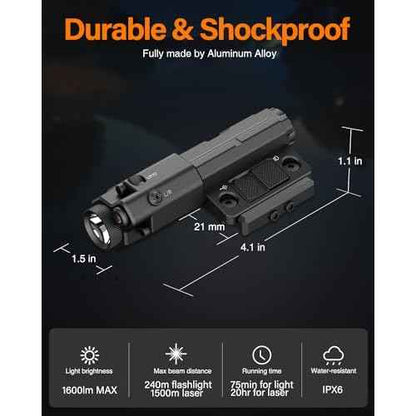 TOUGHSOUL Max 1600 Lumen Rechargeable Red Blue IR Laser Flashlight for AR Rifle - 2 in 1 Picatinny Flashlight and Blue Laser Sight Combo