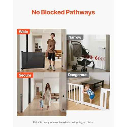 VEVOR Retractable Baby Gate, Extends to 72.8 inch Wide, 31.3 inch Tall, with Security Lock, Easy to Use, Walk Through Without Tripping, Mesh Dog Gate for Stairs, Hallways, Indoor/Outdoor, Black