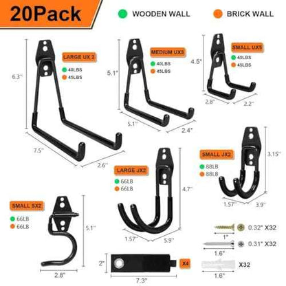 20 Pcs Heavy Duty Garage Hooks ? Garage Wall Hooks for Hanging Ladders, Bikes, Garden Tools, Hose with Anti-Slip Coating