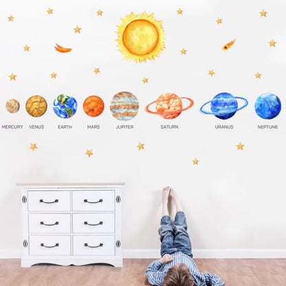 HLNIUC Solar System Wall Sticker Peel and Stick 35¡±x12¡±Kids Space Planets Wall Decal Science Education Window Clings Planet Starry Sky Self Adhesive Room Stickers Outer Space Room Decals for Classroom