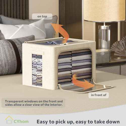 4 Pack Clothes Storage Bins with Metal Frame - Linen Fabric Foldable Stackable Container Organizer Set with Clear Window & Carry Handles & Zippers (Beige, 15.7"x11.8"x7.8")