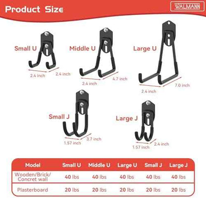 WALMANN 12 PCS Garage Storage Hooks, Wall Mount Utility Hooks for Tools, Ladders, Cords, Folding Chairs, Shovels and Rakes, Shelving Hooks for Keyhole Shelving Units(Black)