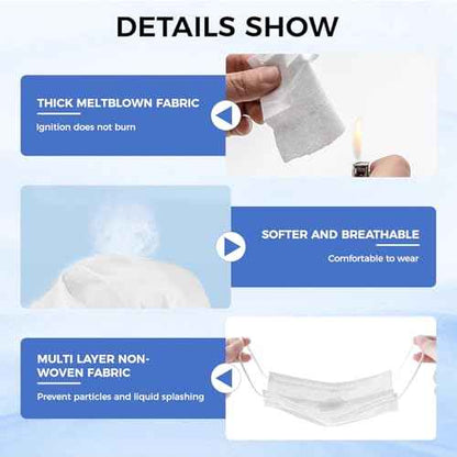 Individually Wrapped Disposable White Mask for Adults Men Women Teen Boys Girls 3-Ply Filter Protection Breathable Soft Face Cover with Longer Earloops 50 Pack Latex-free Large