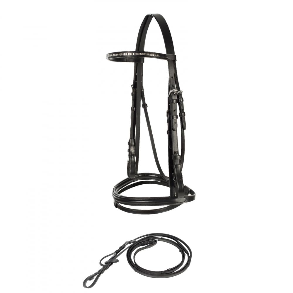 Horze Weston Padded Leather Snaffle Bridle with Flash Noseband and Web Reins | English Bridle for Horses - Black - Cob