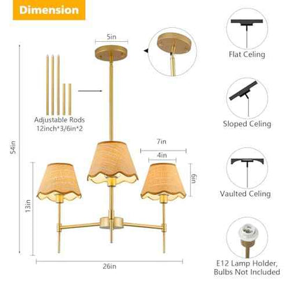 Gold Farmhouse Chandelier 3-Light Boho Pendant Lamp with Rattan Shade 26¡®¡¯ Rustic Chandelier Light Fixture with Height Adjustable Hanging Pole for Dining Room, Living Room, Bedroom, E12 Base