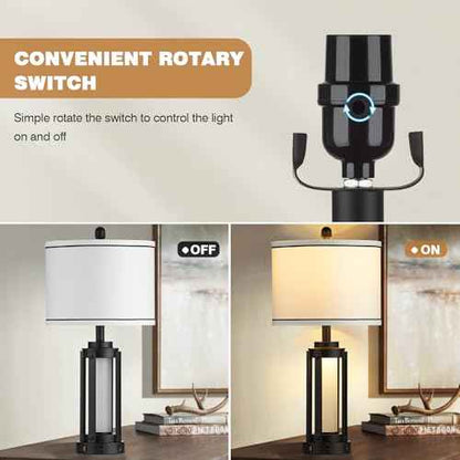 26" Modern Table Lamp with USB A+C Charging Ports & AC Outlet, Industrial Beside Contemporary Lamp Glass LED Night Light for Living Room Bedroom Nightstand End Table Single Black(2 Bulbs Included)