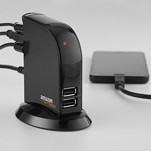 Amazon Basics 7 Port USB 2.0 Hub Tower with 5V/4A Power Adapter, Plug and Play, Charging Ports, Black