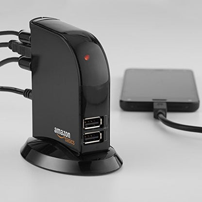 Amazon Basics 7 Port USB 2.0 Hub Tower with 5V/4A Power Adapter, Plug and Play, Charging Ports, Black