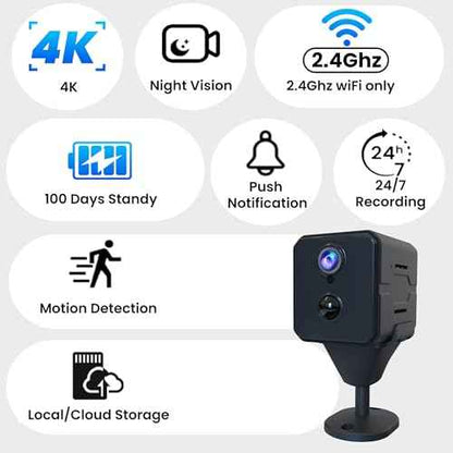 javiscam Mini Camera, 4K HD Nanny Cam for Home with Longer Battery Life, Motion Detection, App Control, Cloud & SD Storage, Wireless Camera for Pet/Baby/Nanny Surveillance