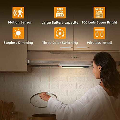 Motion Sensor Cabinet Light 4 Pack- 4200 mAh Battery Operated Rechargeable Closet Lights - Extra-Bright Under Cabinet Lights - Wireless Indoor LED Light Strip - Motion Activated Lighting