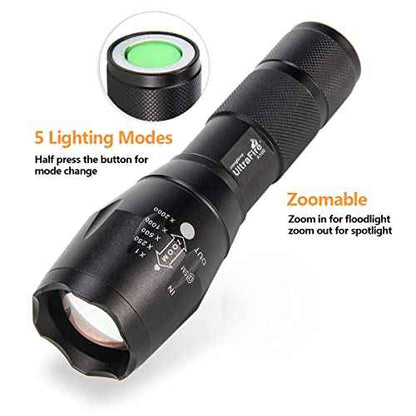 ULTRAFIRE A100 Tactical Flashlight, 800 Lumens 5 Modes LED Zoomable Hunting Flashlight Torch with Duty Belt Flashlight Holster, Red/Green/White Exchange Glass