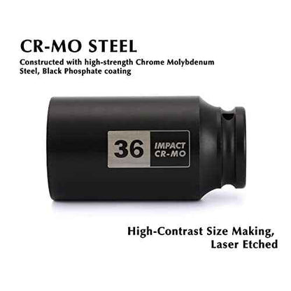 EMENTOL 1/2 Inch Drive Deep Spindle Axle Nut Impact Socket, CR-MO, 12 Point, Metric, Deep 12PT Impact Socket - 36mm