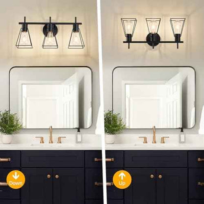 Farmhouse Bathroom Vanity Light Fixtures Over Mirror, Matte Black 3-Light Wall Sconce with Metal Cage, E26 Socket (Bulbs Not Included)