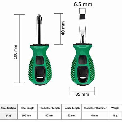 Buspoll Rubber Anti-Skid Handle Stubby Screwdriver Set, 6mm x 38mm Slotted/Phillips, Magnetic Head