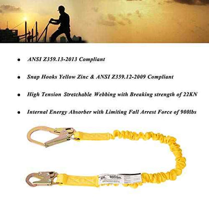 Single Leg 6-Foot Fall Protection Internal Shock Absorbing Stretchable Safety Lanyard with Snap & Rebar Hook Connectors CSA£¦ANSI Compliant