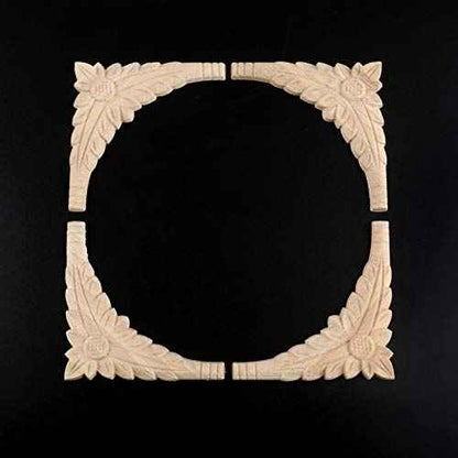 MUXSAM Flower Wood Carved Onlay Appliques Corner Decals, 4-Pack Unpainted Wooden Carvings Decorative Decals for Wall Fireplace Dresser Cupboard Wardrobe Closet Vent Hood Cover(10x10cm/3.94"x3.94")