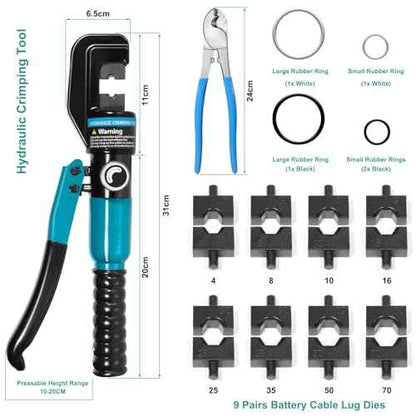 10 Tons Hydraulic Crimping Tool, Hydraulic Crimper for 12 AWG to 2/0 AWG Battery Cable,1/16" 1/8" 3/16" Stainless Steel Cable, Battery Cable Crimper Tool with Cable Cutter & 9 Dies