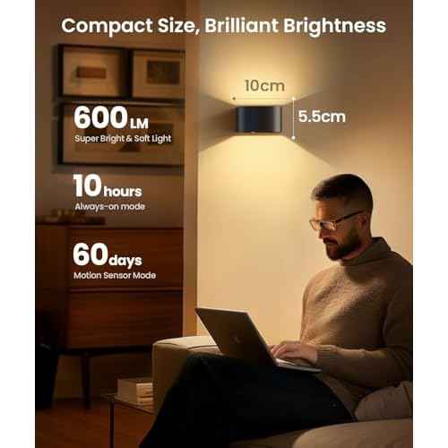 FULEN 4 Pack Motion Sensor Wall Lamp with Remote Control 3 Colors Wireless Wall Light LED Indoor Up and Down Wall Sconce 5000mAh Rechargeable Battery Powered Wall Lamps Brightness Adjustable,Black