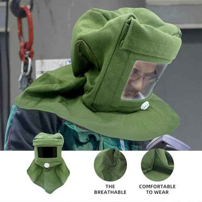 Sand Blasting Hood Cap, Shawl Cap Sandblaster Mask Anti Wind/Sandblaster Tools with Mask Breathing Valve, Dust Protective Face Mask Neck Protector, Green