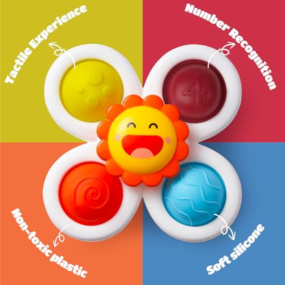 LiKee Strong Suction Cup Fidget Rotating Sensory Bath Toys for Baby 12 18 Months Airplane Car Travel Table & Window Toys for 1 2 Years Old Toddler Boys and Girls (Sun)