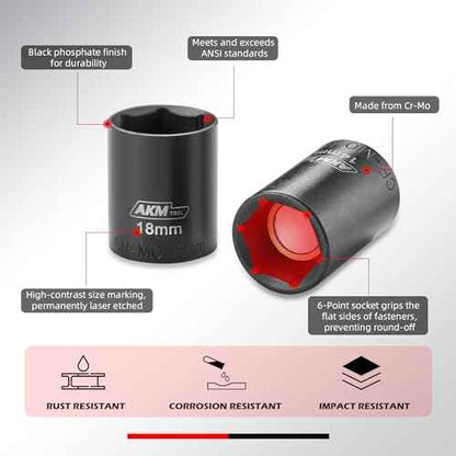 17PCS 3/8 Inch Drive Magnetic Impact Socket Set, Metric, 7mm-19mm, 6 Point, Cr-Mo, Square Drive, Magnetic Socket with Universal Joint, Drill Bit Adapter & Extension