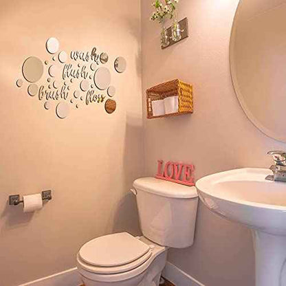 Nuanchu 30 Pcs Bathroom Wall Decals Brush Wash Flush Floss Stickers 3D Round Mirrors Wall Decal Self Adhesive DIY Acrylic Mirror Decor Beautiful Art Words Decor for Home Bedroom (Silver)
