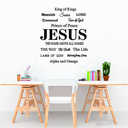 Jesus Wall Decal - Religious Quotes and Lord Lettering Sticker - Removable PVC Wall Decor for Church, Living Room and Study - (son of godsavioremmanuellamb of godAlpha and Omega~KIing of