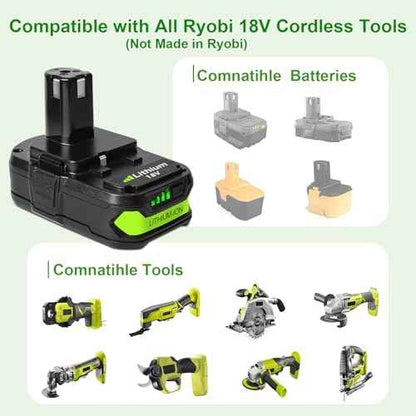 2 Pack 3.0Ah Replacement Battery and Charger Combo Compatible with ONE+ 18V System- Fits Ryobi 18V Cordless Tools (Not Made in Ryobi)