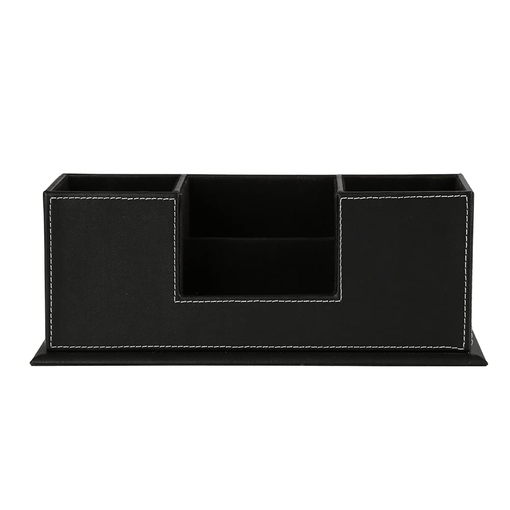 KINGFOM Office Supplies Desk Organizer PU Leather Storage Box 4 Divided Compartments for Pen Business Card Remote Control Mobile Phone Cosmetics Collection Holder (Black)