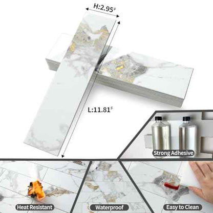 AULIGET 40-Piece Polished White Marble with Gold Peel and Stick Backsplash Wall Tiles, 3" x 12" PVC Faux Stone Stick on Tiles for Backsplash Kitchen, Bathroom, Laundry Room, Camper, Fireplace