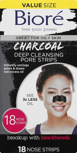 Biore Charcoal Deep Cleansing Pore Strips, Nose Strips for Blackhead Removal on Oily Skin, Features C-Bond Technology with Instant Pore Unclogging, 18 Count
