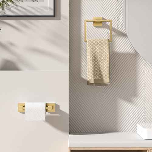 FORIOUS Toilet Paper Holder Set Wall Mount, SUS 304 Stainless Steel Pivoting Toilet Paper Holder and Towel Ring, Hand Towel Holder Set for Bathroom, Square Bathroom Hardware Set, Brushed Gold