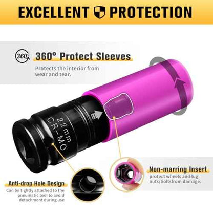 BOEN 1/2" Drive Wheel Protector Impact Socket, Non-Marring Lug Nut Thin Wall Deep Socket Set, CR-MO, 6 Point, Color-Coded Protective Socket | Metric 15 17 19 21 22 mm (5 PCS)