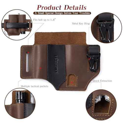 Leather Multitool Sheath,Handmade EDC Belt Organizer,Tactical Tool Pouch Holster, Fits Flashlight, Pen and Keychain, Brown