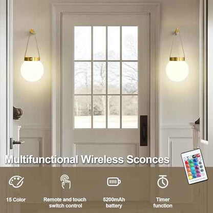 Battery Operated Wall Sconces Set of 2, Gold Wireless Globe Wall Lights with Remote Control Warm/Natural/Daylight/RGB 15 Colors Dimmable Rechargeable Wall Lamps Retro for Bedroom Living Room Hallway