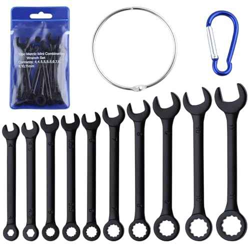 10PCS Mini Wrench Set Standard Metric 4mm-11mm Ignition Wrenches Open End and Box End Combination Wrench Set with Portable Pouch and Key Rings, Black Electrophoretic Coating