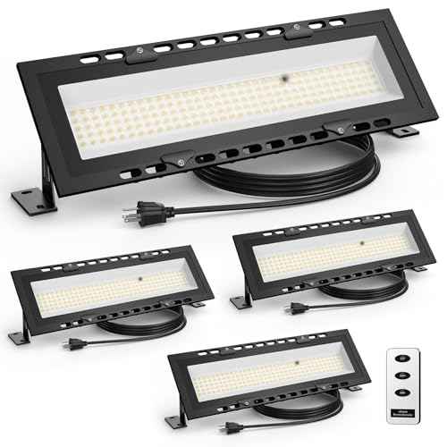 120W High Bay LED Shop Lights with Remote Control, 18000LM 6000K Aluminum Garage Light, LED Work Lights, Plug & Play Lighting for Warehouse, Basement, Workshop, 5' Cable and US Plug, 4 Pack