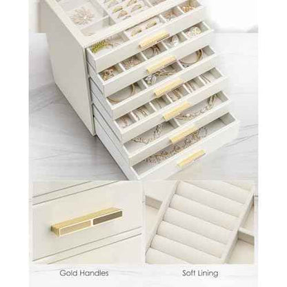Vlando 6 Layer Jewelry Box for Women, Glass Lid Jewelry Organizer with 6 Drawers for Necklaces Rings Earrings Bracelets - Cloud White