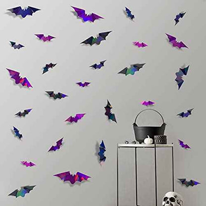 72Pcs Bats Halloween Decoration Iridescent 3D Bats Wall Decor Black Purple Holographic Paper Decorative Bat Wall Art Decals Stickers Spooky Bats for Halloween Home Room Decor Party Decoration Supplies