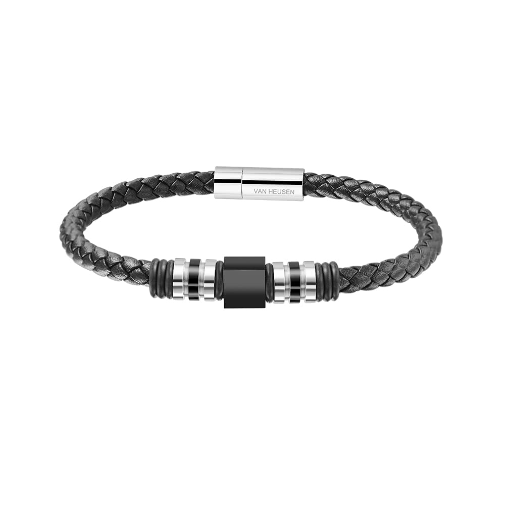 Van Heusen Men Braid Leather Bracelet with Stainless Steel Ornaments (Black, Stainless Steel)