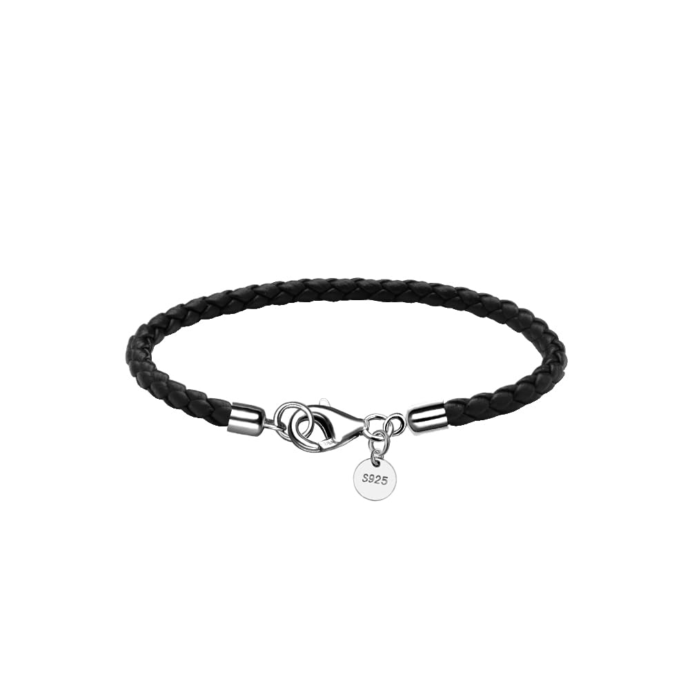 JEVINDA Leather Bracelet for Men Women 4MM Braided 925 silver Clasp 20/21cm with Jewelry Gift Box Handcrafted (Black, 8.2'')